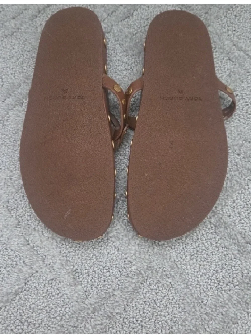 Tory Burch Brown Leather Logo Thong Sandals with Gold Studs